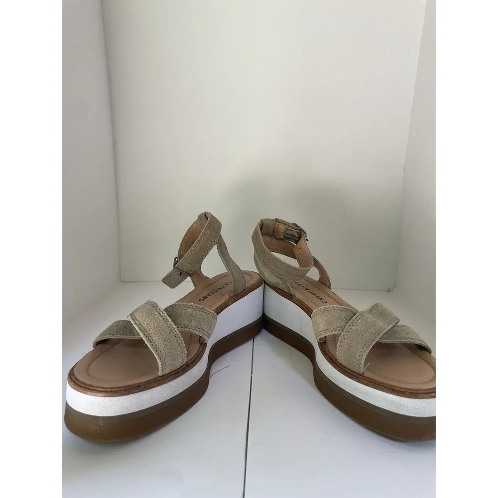 Lucky Brand Suede Wedge Platform Sandal Size‎ 8.5 Tarhi Olive Green Brown Whit